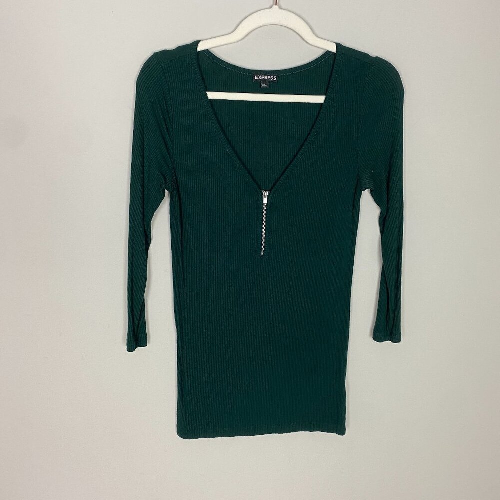 Express Ribbed Henley Zip Shirt Womens Medium Green 3/4 Sleeves